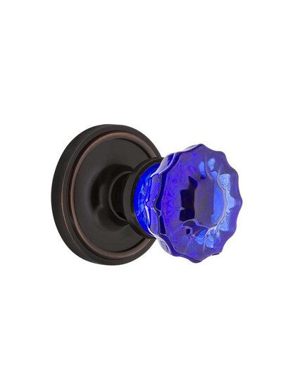 Classic Rosette Door Set with Colored Fluted Crystal Glass Knobs Cobalt Blue in Timeless Bronze.